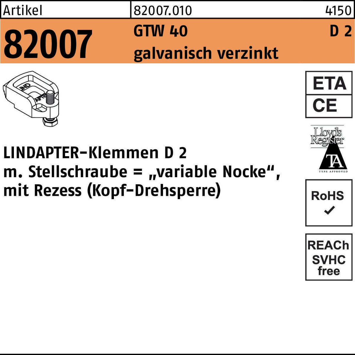 LINDAPTER Klemmen R 82007 GTW 40 D2 M10/10 – galvanisch verzinkt