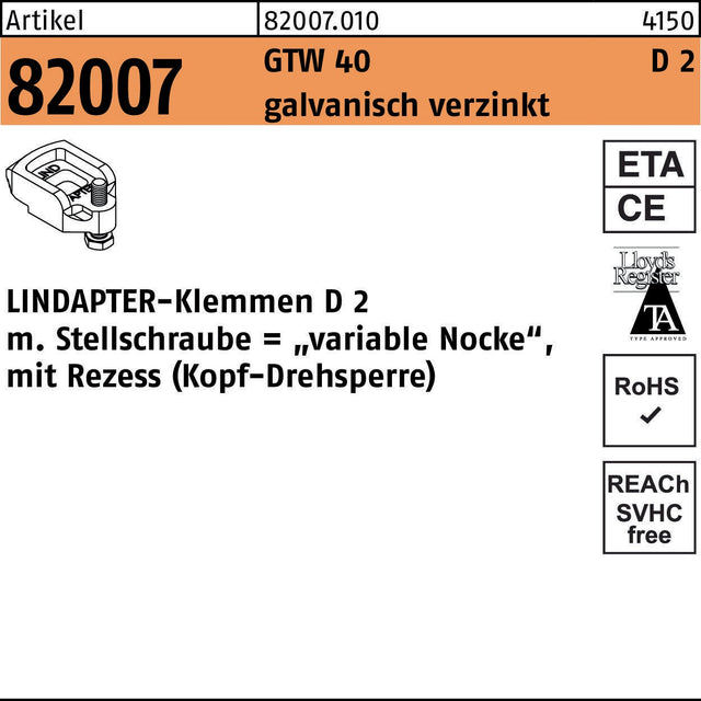 LINDAPTER Klemmen R 82007 GTW 40 D2 M10/10 – galvanisch verzinkt
