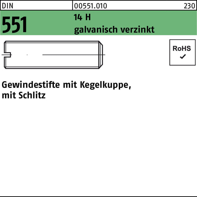 Gewindestifte DIN 551 mit Kegelkuppe und Schlitz M5x35, 14 H, galvanisch verzinkt, 100 Stück von F. REYHER
