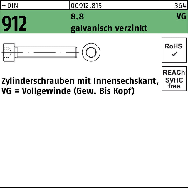 F. REYHER Zylinderschraube DIN 912 M8x90 mm, Innensechskant, Stahl 8.8, galvanisch verzinkt