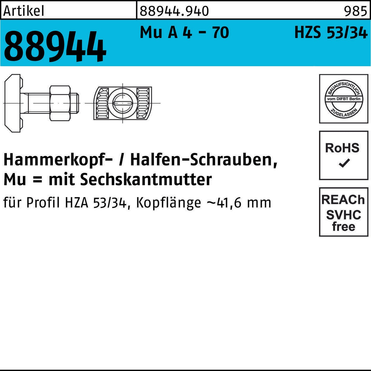 HALFEN Hammerkopfschraube R 88944 M16x60 mm mit Sechskantmutter, 25 Stück, galvanisch verzinkt