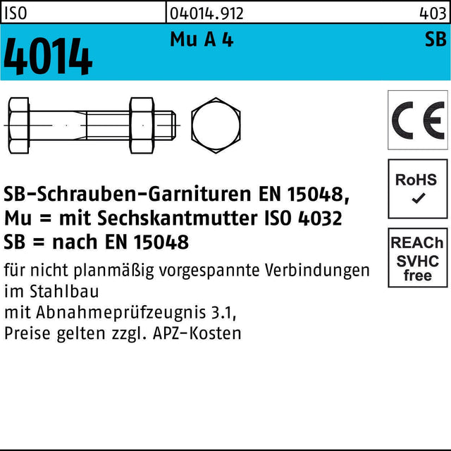 Sechskantschraube ISO 4014 M12x60 mit Mutter, Mu A 4-70, SB-Garnitur, 50 Stück von F. REYHER