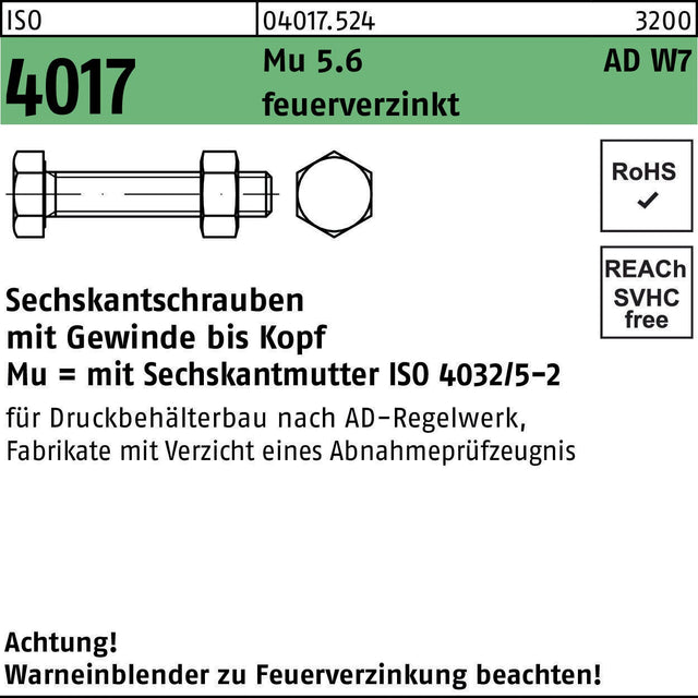 BUFAB Sechskantschraube ISO 4017 M16x35 5.6 feuerverzinkt mit Mutter