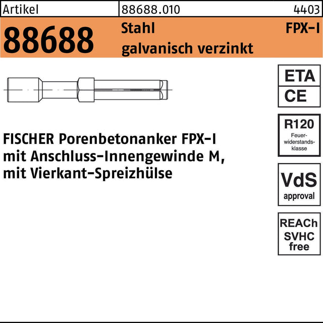 FISCHER Porenbetonanker FPX-I M6 mit Innengewinde, Stahl galvanisch verzinkt