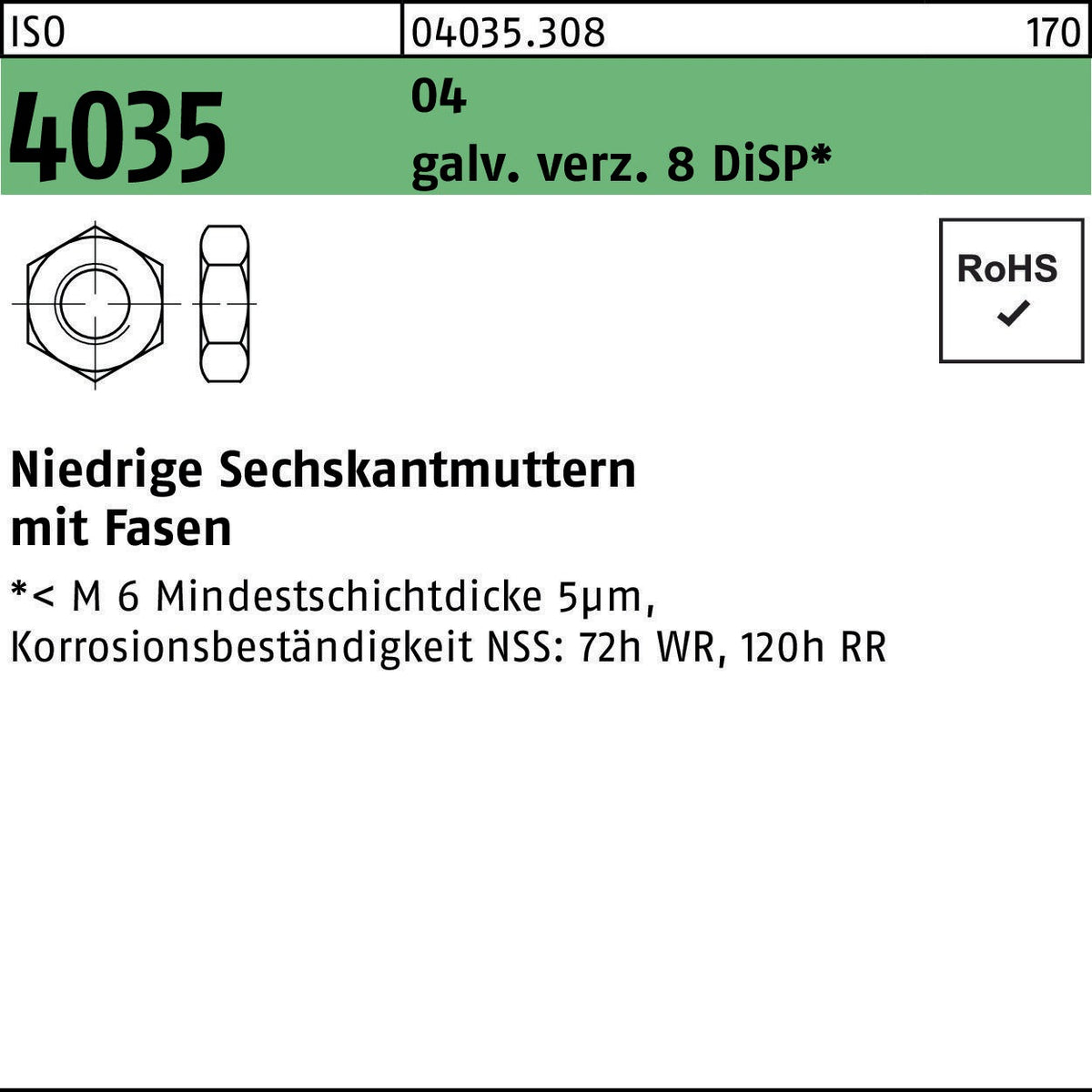Sechskantmutter ISO 4035 niedrig M6 von F. REYHER – 100 Stück, verzinkt, Automatenstahl