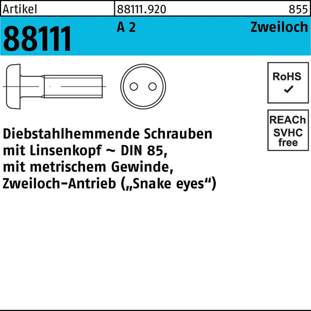 REYHER Schraube R 88111 diebstahlhemmend Liko/Zweiloch M3x6 A2
