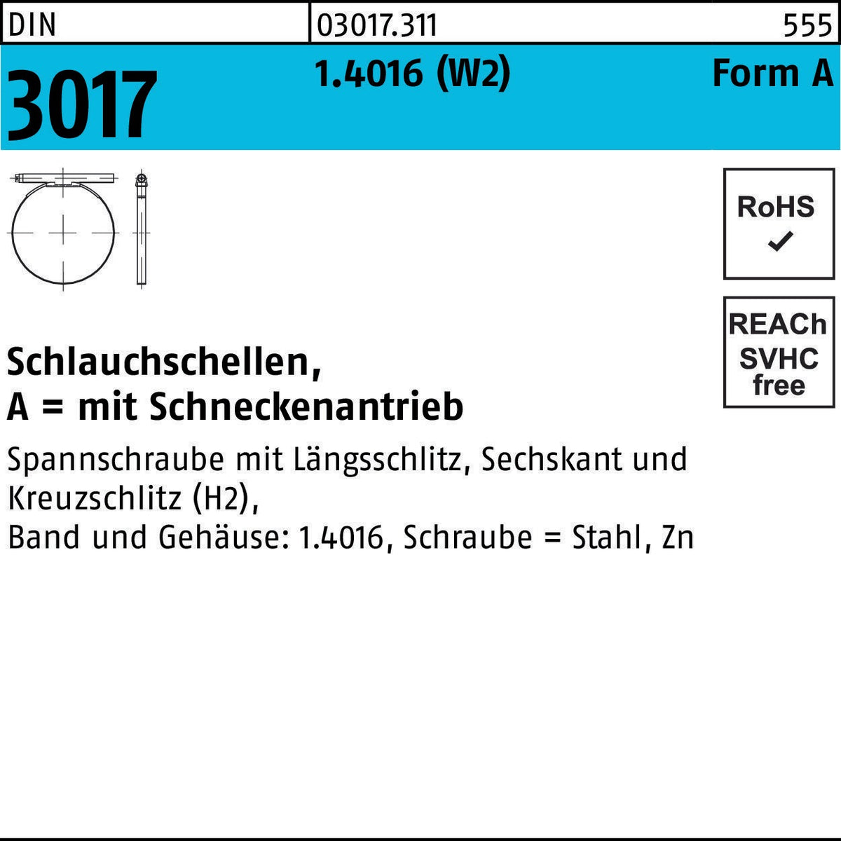 Schlauchschelle DIN 3017 W1 Form A 8-12 mm Stahl verzinkt 100 Stück von F. REYHER