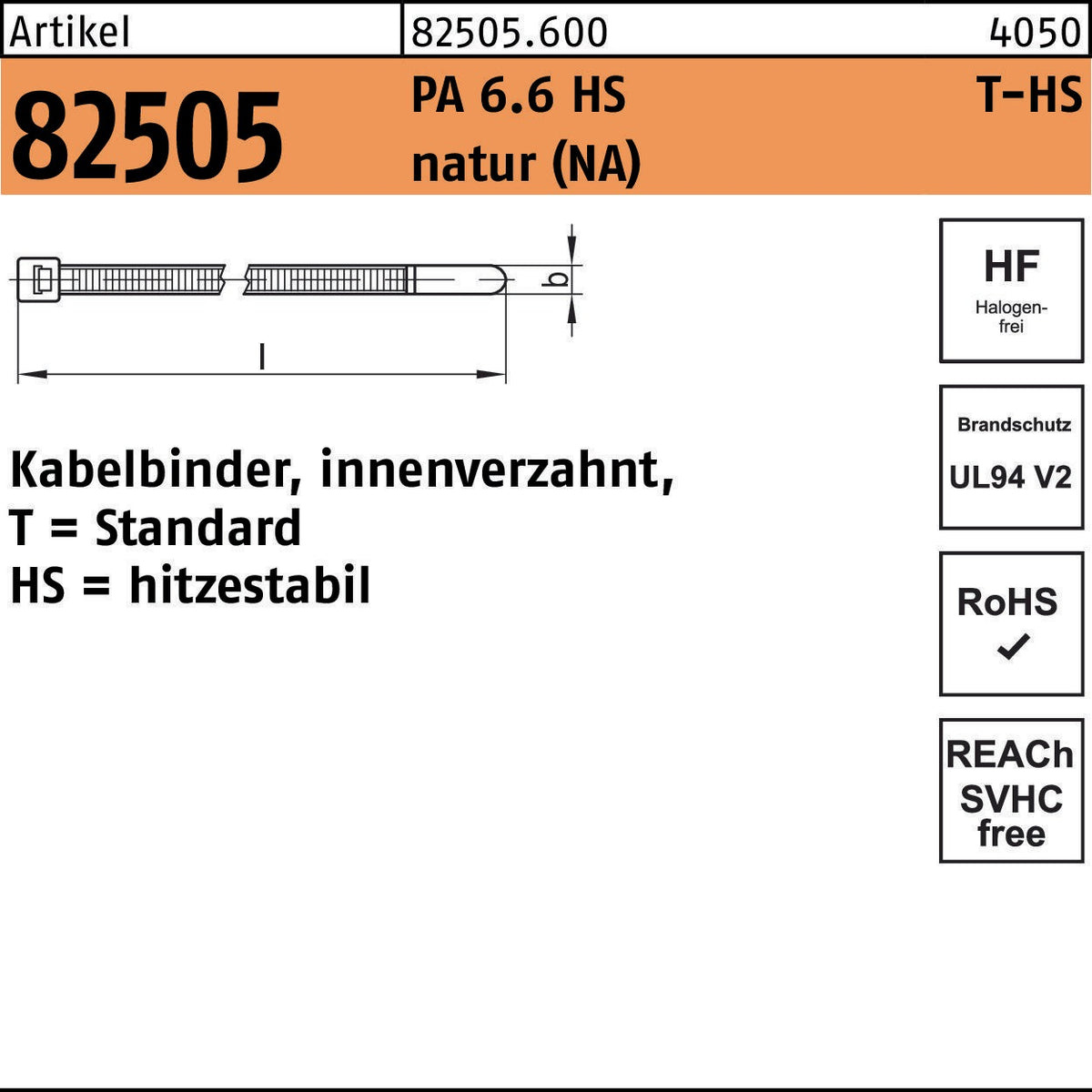 HELLERMANNTYTON Kabelbinder R 82505 innenverzahnt 2,5x100 mm PA 6.6 HS natur 100 Stück