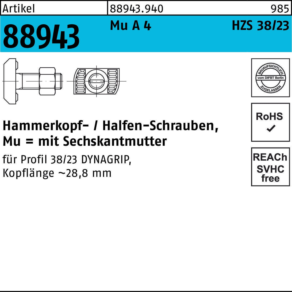 HALFEN Hammerkopfschraube M16x80 mm Mu 8.8 galvanisch verzinkt