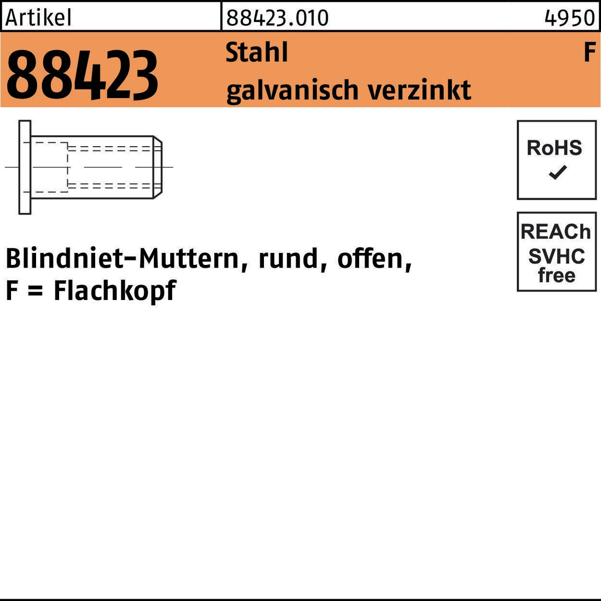 FLAKO Blindnietmutter R 88423 Flachkopf M4 Stahl galvanisch verzinkt 500 Stück