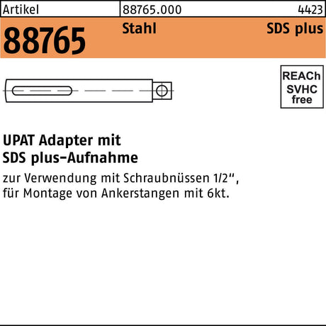 UPAT Adapter R 88765 SDS-PLUS auf 1/2" Vierkant aus Stahl für Bohrhämmer