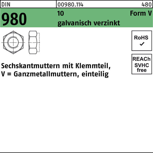 F. REYHER Sechskantmutter DIN 980 Klemmteil Form V M6 galvanisch verzinkt 1000 Stück