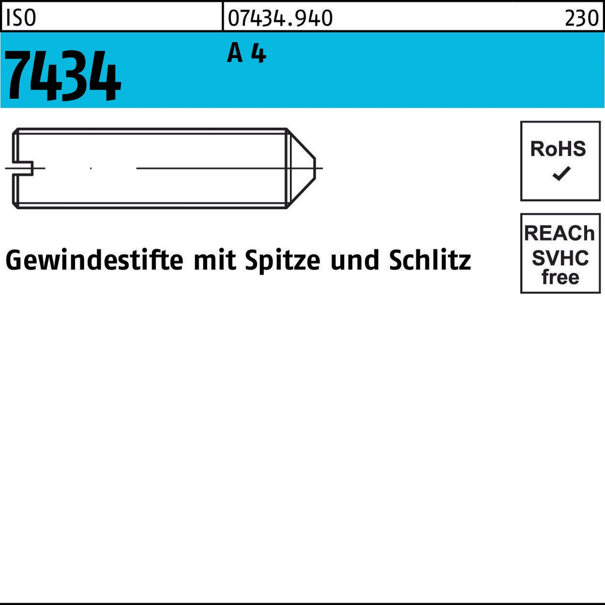 F. REYHER Gewindestift ISO 7434 Spitze/Schlitz M5x16 A4 – 25 Stück