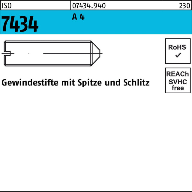 F. REYHER Gewindestift ISO 7434 Spitze/Schlitz M5x16 A4 – 25 Stück