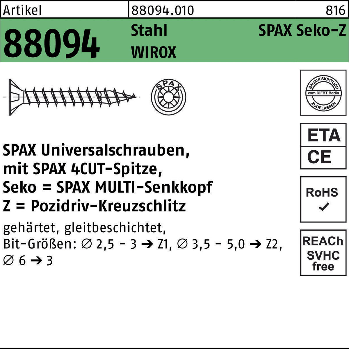 SPAX Seko-Z Universalschrauben 4x60/50-Z mit 4CUT-Spitze, WIROX