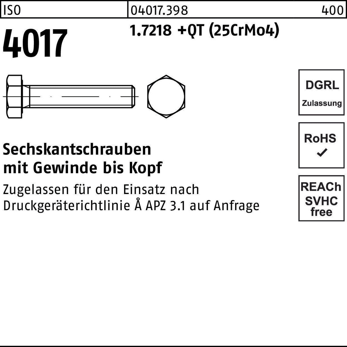 BUFAB Sechskantschraube ISO 4017 VG M12x70 1.7218 +QT (25CrMo4) – 50 Stück