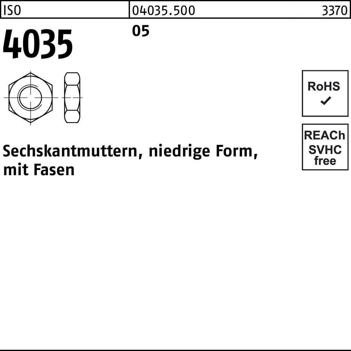 Sechskantmuttern ISO 4035 Niedrig M10 mit Fasen von F. REYHER – 500 Stück