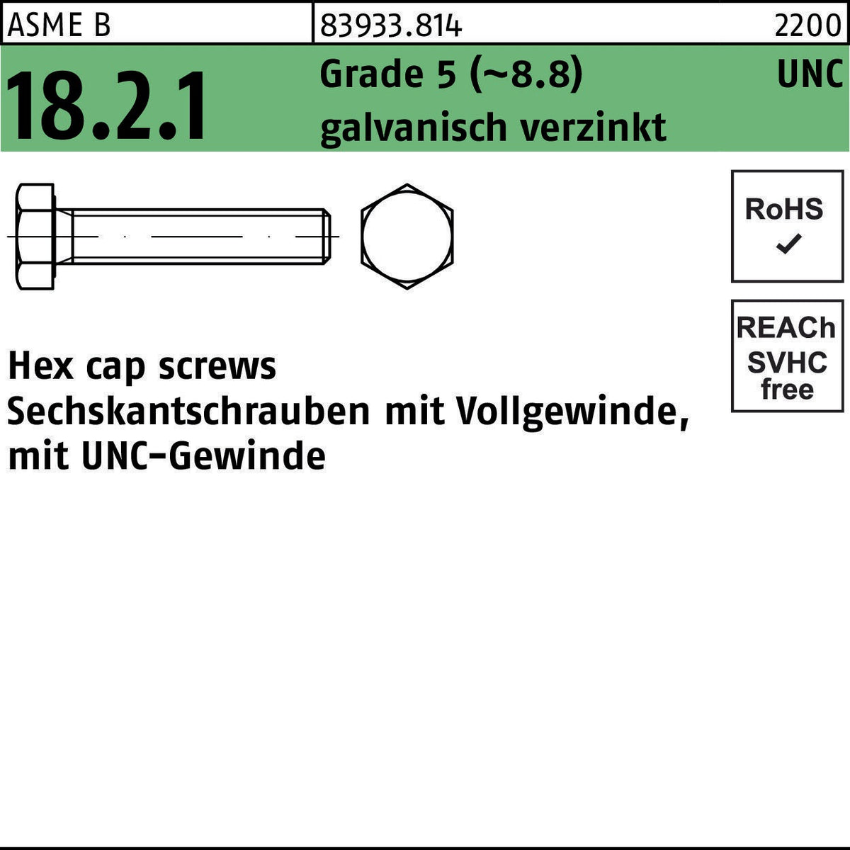 F. REYHER Sechskantschraube R 83933 UNC 1/2x3/4 Grade 5, galvanisch verzinkt