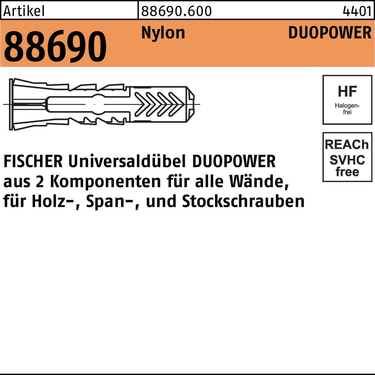 FISCHER DUOPOWER Universaldübel 8x40 mm Nylon, 100 Stück, für alle Wände