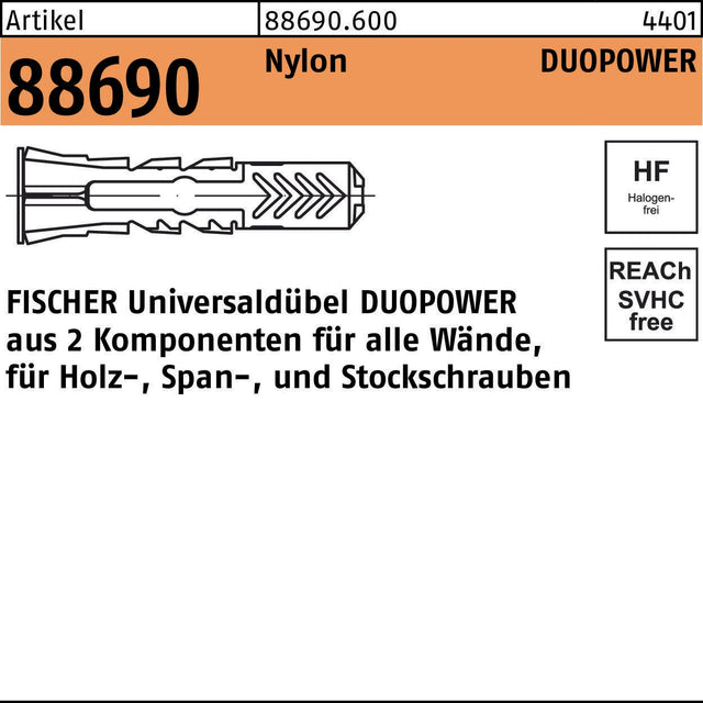 FISCHER DUOPOWER Universaldübel 8x40 mm Nylon, 100 Stück, für alle Wände