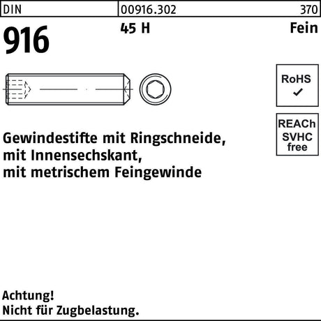 F. REYHER Gewindestift DIN 916 Ringschneide Innensechskant M6x0,75x16 45 H Feingewinde 500 Stück