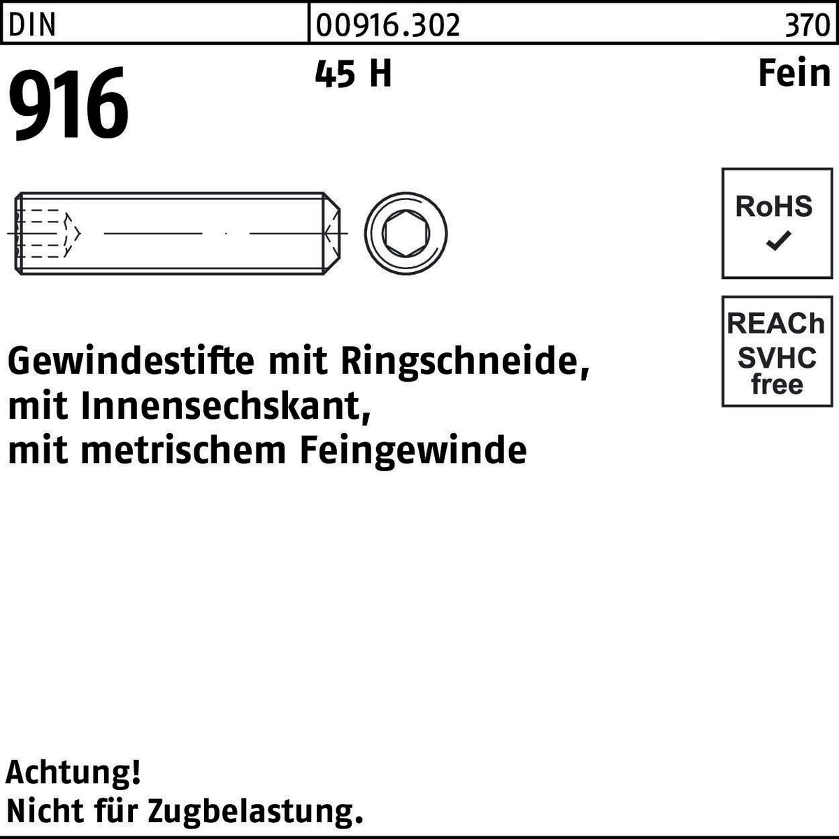 F. REYHER Gewindestifte DIN 916 M10x1,25x8 mm 45 H Feingewinde mit Ringschneide