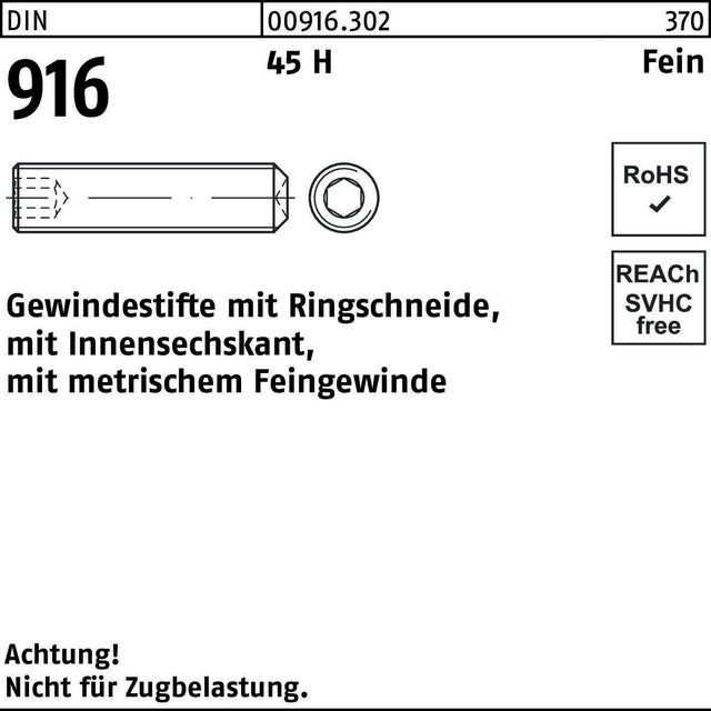 F. REYHER Gewindestifte DIN 916 M10x1,25x8 mm 45 H Feingewinde mit Ringschneide