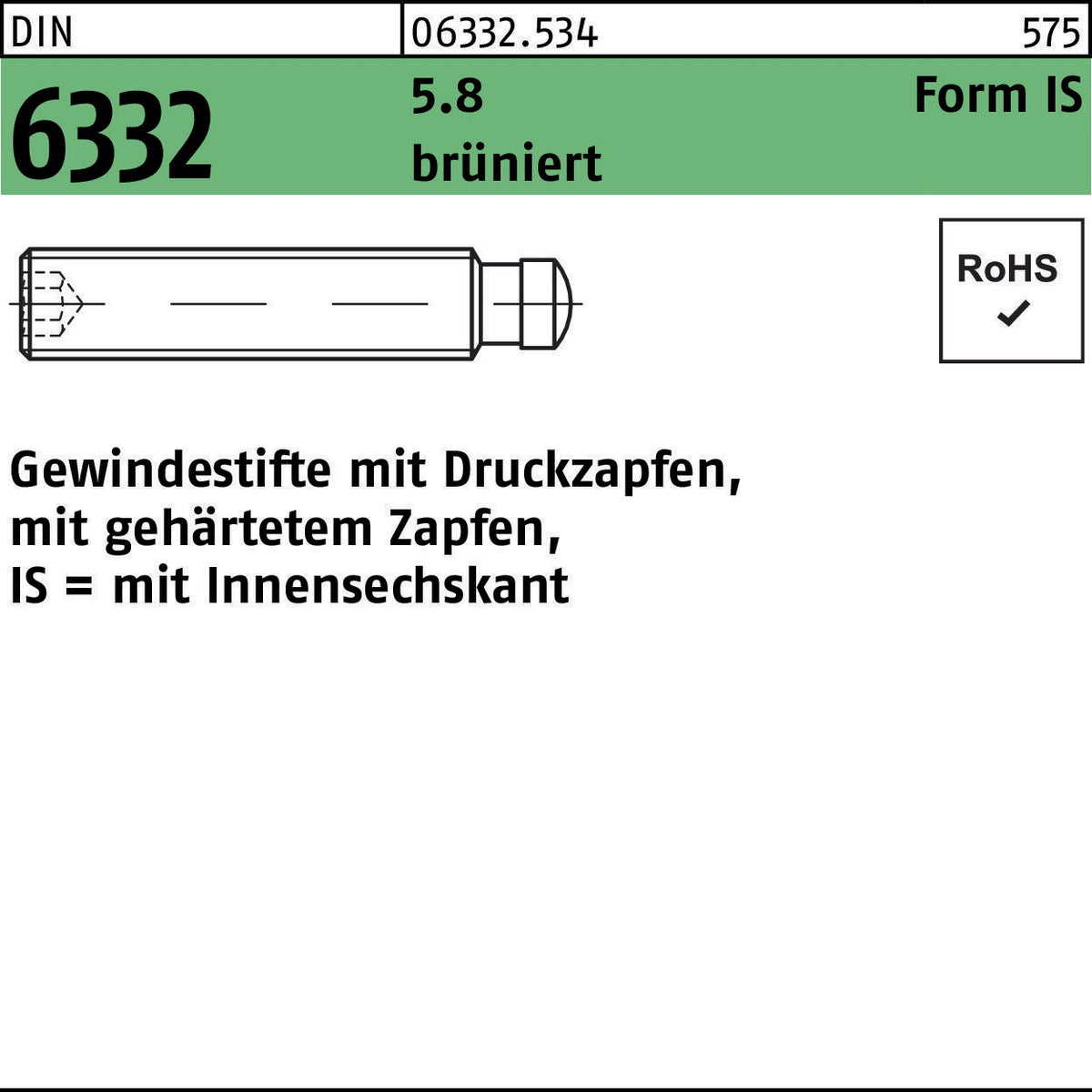 F. REYHER Gewindestift DIN 6332 Form IS M6x30 mit Zapfen & Innensechskant, brüniert