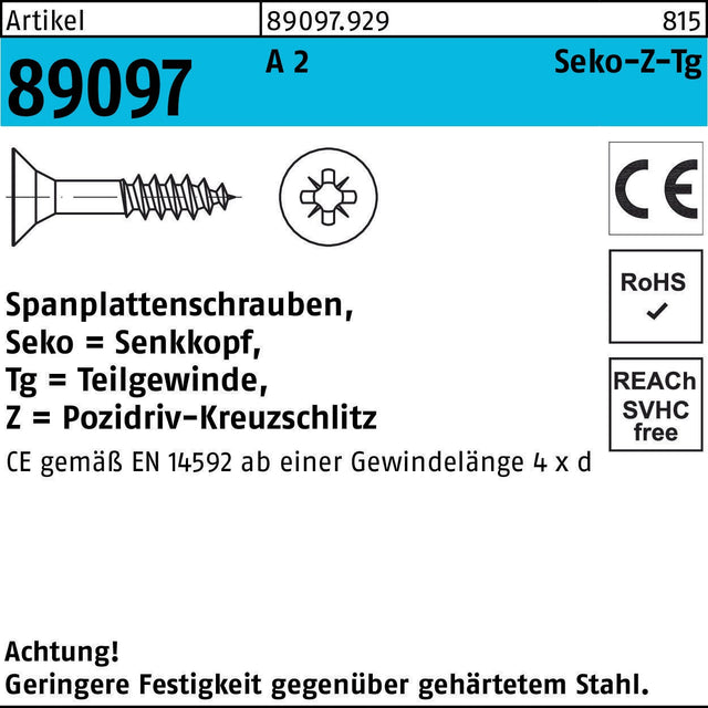 SEKO Spanplattenschrauben 5x50 mm A2 Edelstahl Pozidriv Teilgewinde 200 Stück von REYHER