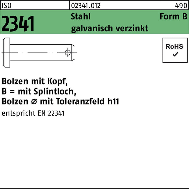 F. REYHER Bolzen ISO 2341 Form B mit Kopf und Splintloch 8x20x16,5 mm Stahl verzinkt 100 Stück
