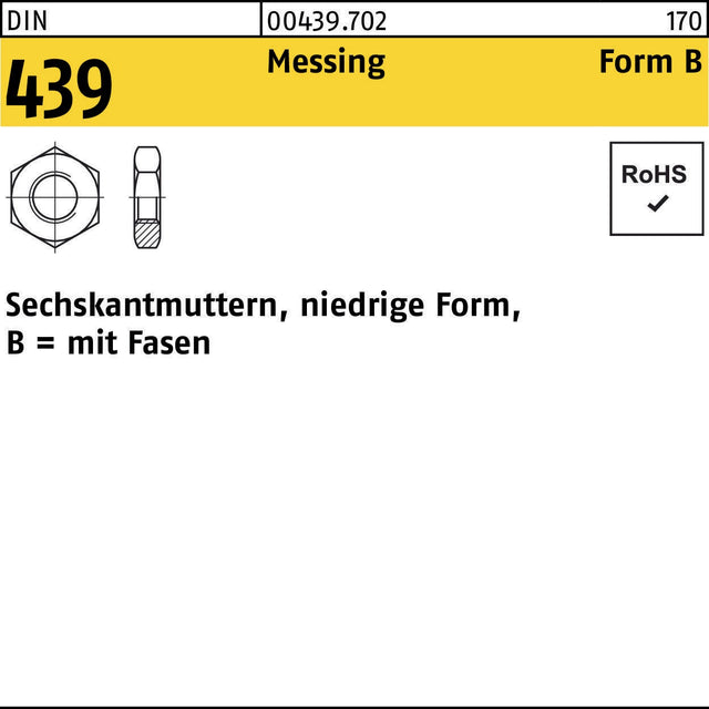 Sechskantmutter DIN 439/ISO 4035 Form B Messing M2 von F. REYHER – 1000 Stück