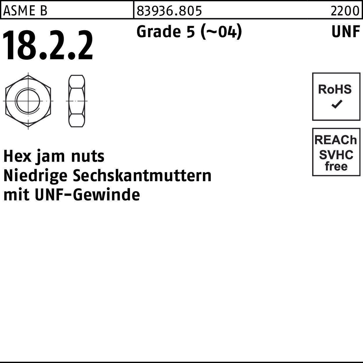 F. REYHER Sechskantmutter R 83936 UNC-Gewinde niedrig 1/4 Grade 5 (~04) 100 Stück