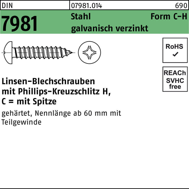 F. REYHER Linsen-Blechschrauben DIN 7981 Stahl verzinkt 2,2x4,5 mm – 2000 Stück