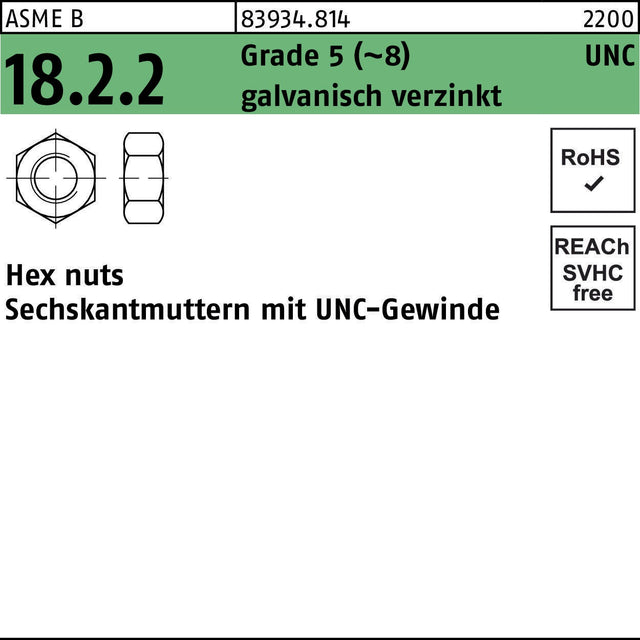 F. REYHER Sechskantmuttern UNC-Gewinde 1/4 Zoll Grade 5 – 100 Stück, galvanisch verzinkt