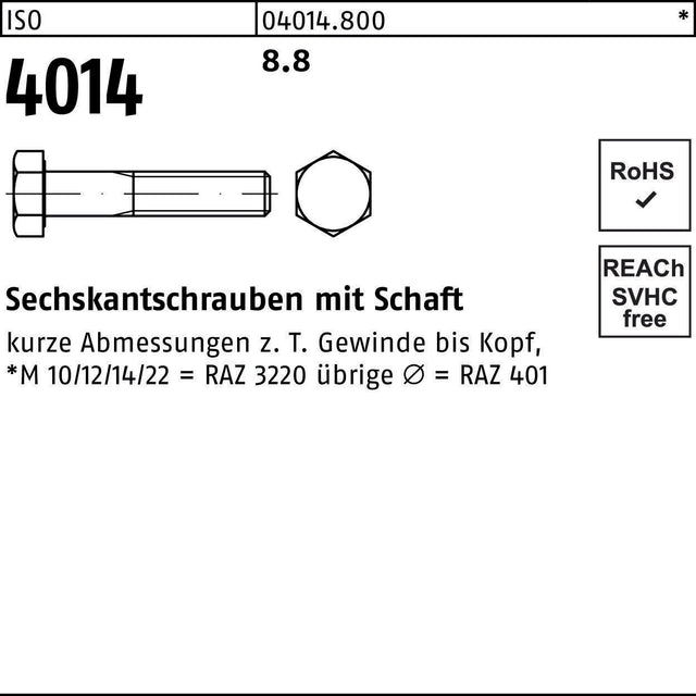 F. REYHER Sechskantschraube ISO 4014 Schaft M3x30 8.8 – 500 Stück