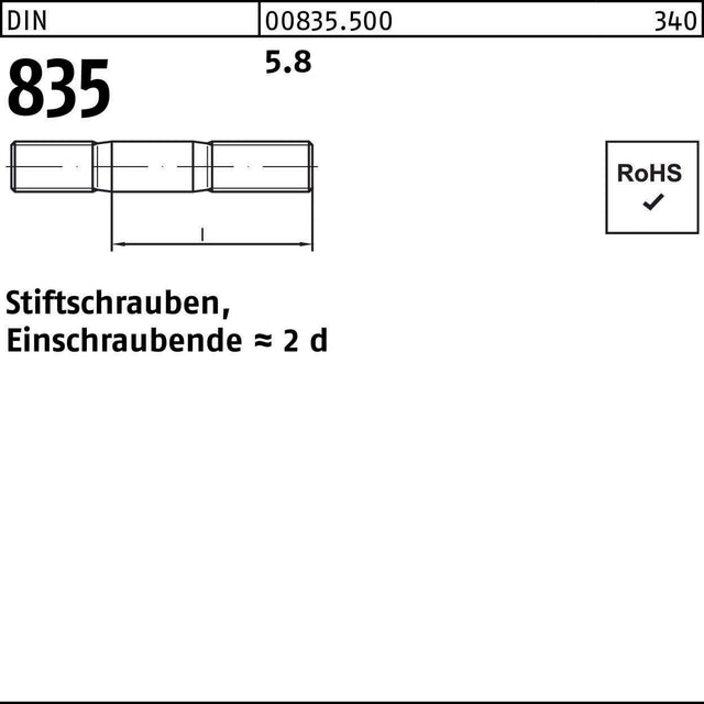 F. REYHER Stiftschraube DIN 835 M6x16 5.8 Einschraubende 2d – 100 Stück