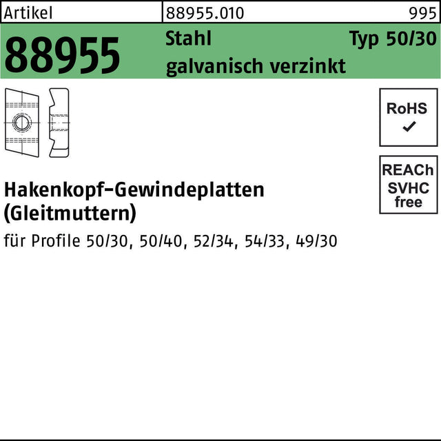 F. REYHER Hakenkopfgewindeplatte R 88955 Typ 50/30 M8 Stahl galvanisch verzinkt 50 Stück