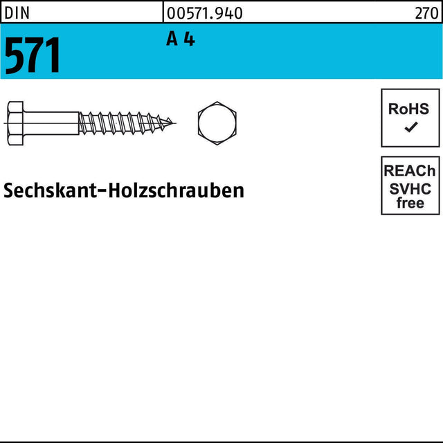 F. REYHER Sechskantholzschraube DIN 571 6x90 mm A4 Edelstahl 100 Stück