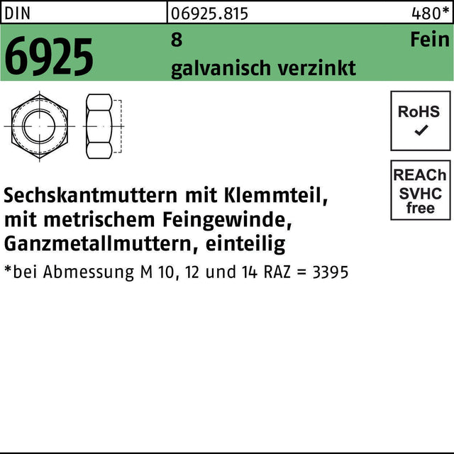 F. REYHER Sechskantmutter DIN 6925 mit Klemmteil M8x1 fein galvanisch verzinkt