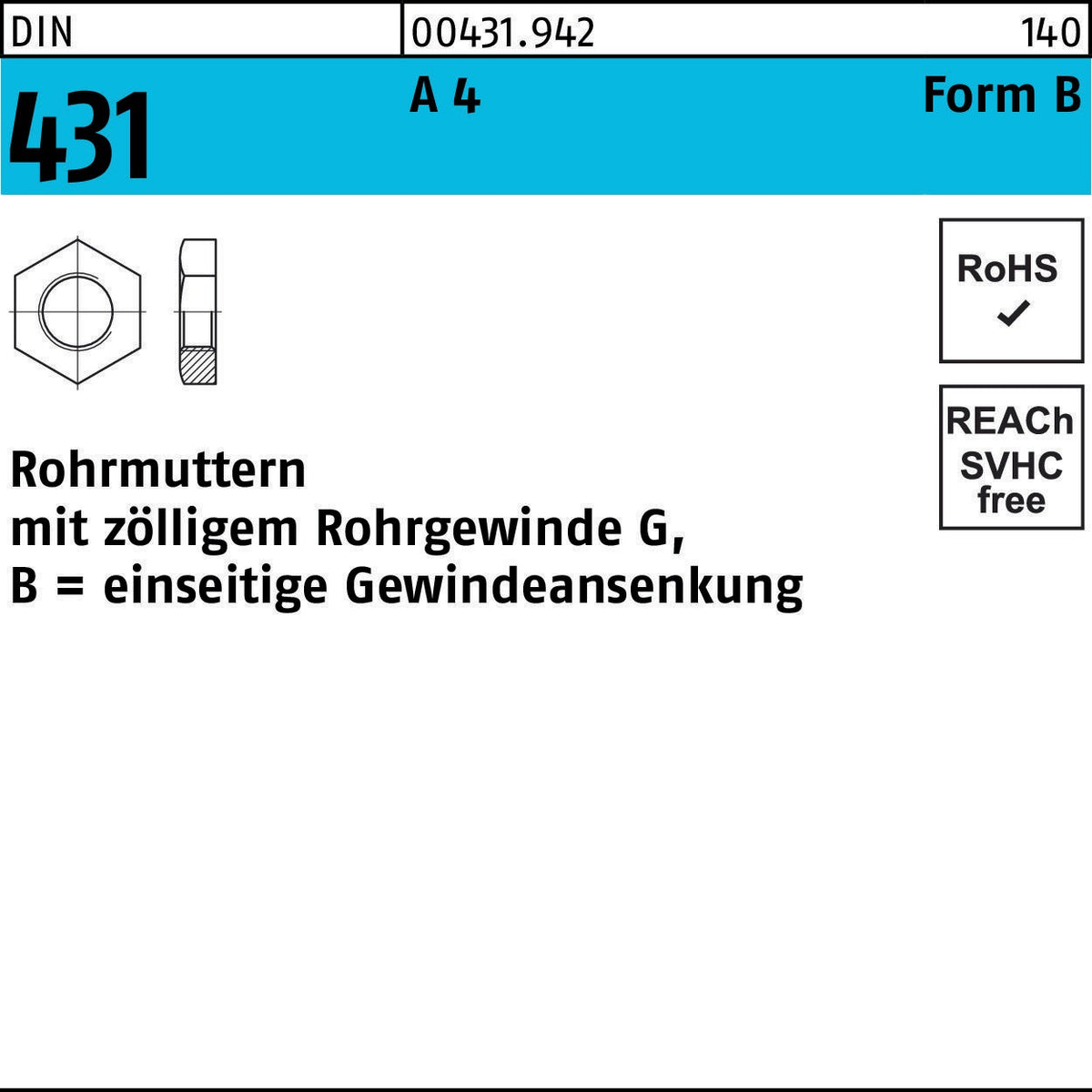 Rohrmutter DIN 431 BG 1/8 SW19 14 H Form B – 50 Stück von F. REYHER Nchfg. GmbH & Co. KG