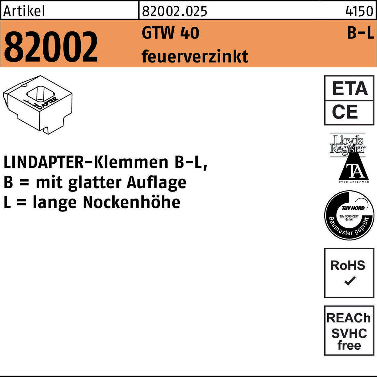 LINDAPTER Klemmen B-K GTW 40, 10 mm, galvanisch verzinkt