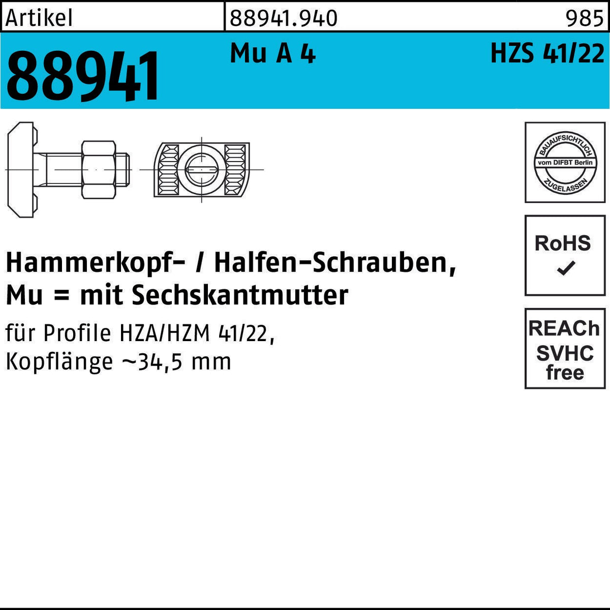 HALFEN Hammerkopfschraube HZS 41/22 M12x50 Mu 8.8 feuerverzinkt