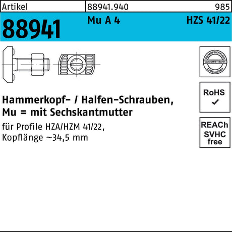 HALFEN Hammerkopfschraube HZS 41/22 M16x35 mit Sechskantmutter
