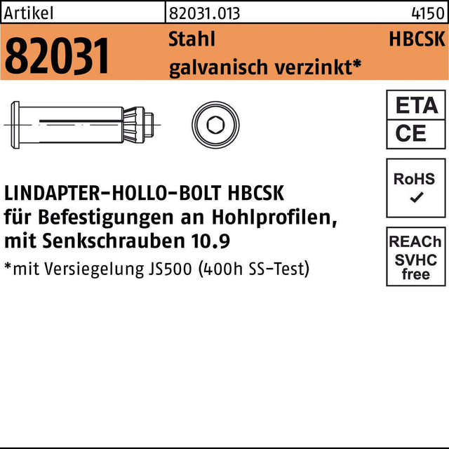 LINDAPTER Hohlraumdübel R 82031 HBCSK 08-1 Senkschraube 10.9 galvanisch verzinkt