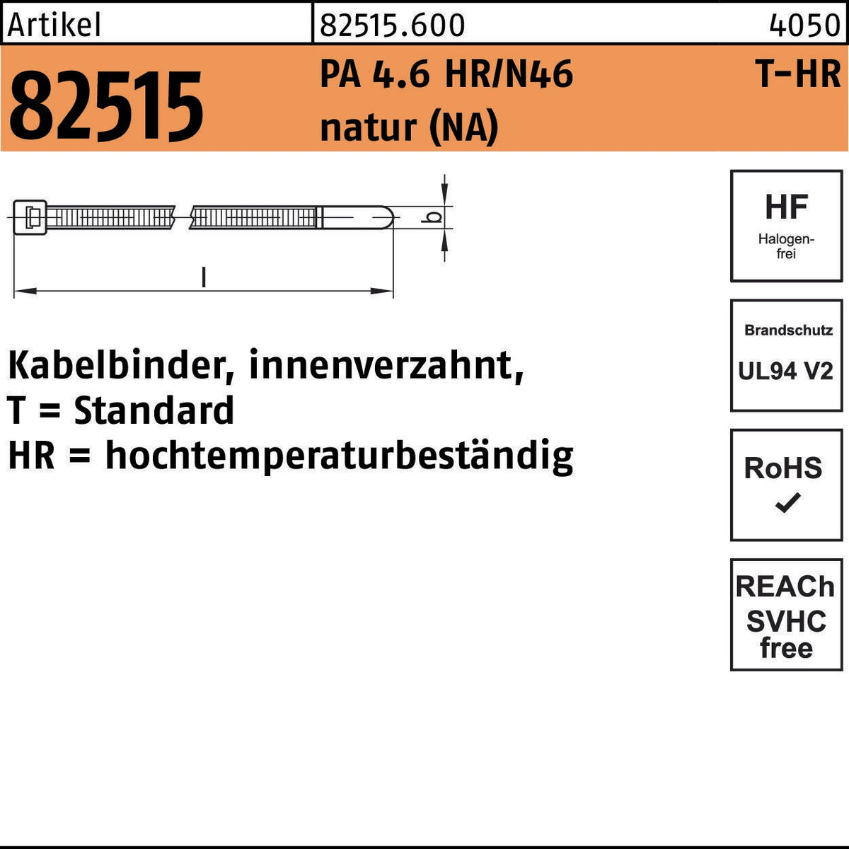 HELLERMANNTYTON Kabelbinder R 82515 innenverzahnt 2,5x100 mm PA 4.6 HR/N46 natur 1000 Stück