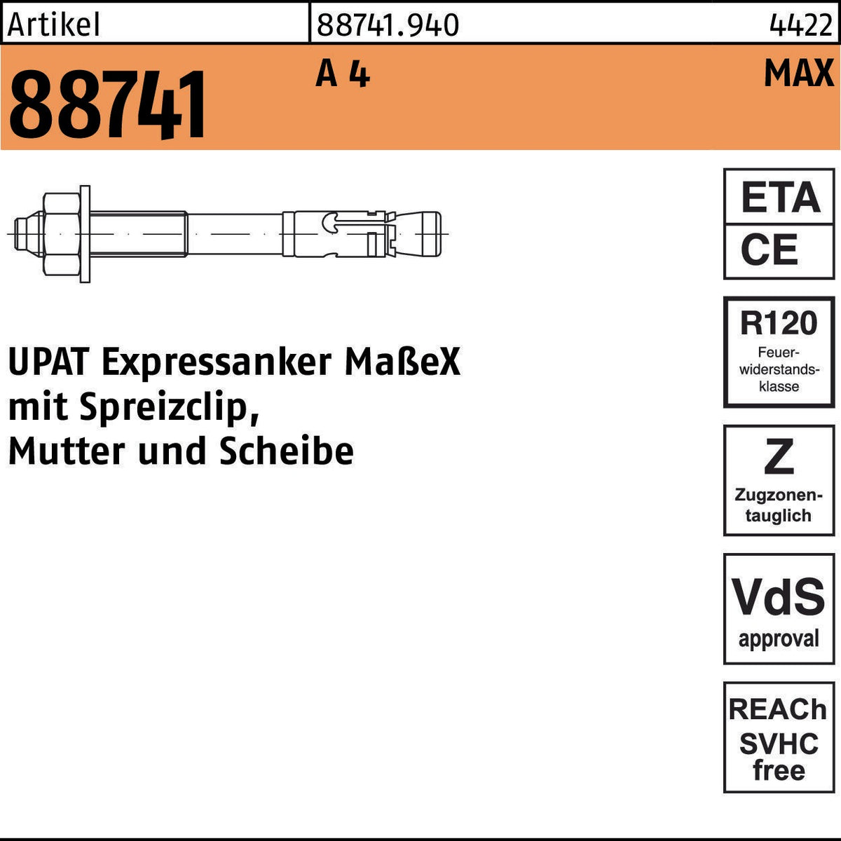 UPAT Expressanker MAX R 88741, Stahl galvanisch verzinkt, M8