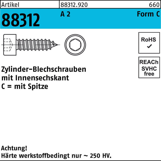 REYHER Zylinderblechschraube R 88312 Innensechskant C 4,8x13 mm A2