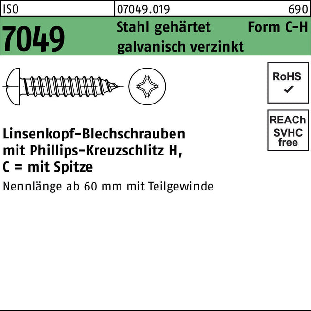 Linsenkopf-Blechschrauben ISO 7049 C3,5x25-H von REYHER – 500 Stück, Stahl gehärtet, galvanisch verzinkt