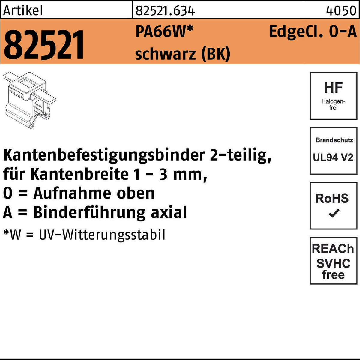 HELLERMANNTYTON Befestigungsbinder R 82521 EdgeClip 4,6x200/45 PA66W schwarz 500 Stk.
