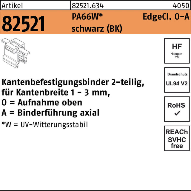 HELLERMANNTYTON Befestigungsbinder R 82521 EdgeClip 4,6x200/45 PA66W schwarz 500 Stk.